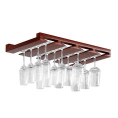 six wine glasses are hanging from a wooden rack with glass holders on the top and bottom