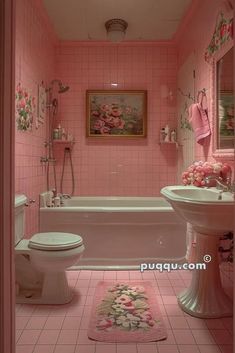 a bathroom with pink walls and floor tiles