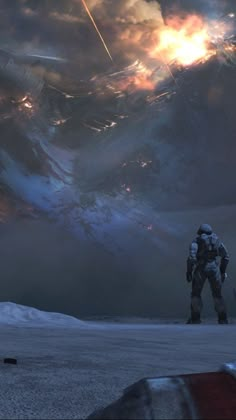 a man standing on top of a snow covered ground next to a giant alien creature