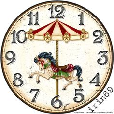 a clock with an image of a carousel horse on it's face and numbers below