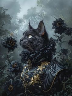 a painting of a black cat wearing a costume and flowers in the background with words written below it