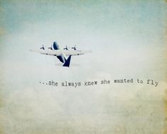 an airplane flying in the sky with a quote below it that says she always knew she wanted to fly