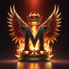 the letter m with fire wings and a crown on top is shown in front of a black background