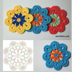 four crocheted flowers are shown in different colors