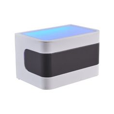 a white and black box with blue light on the top is sitting in front of a white background