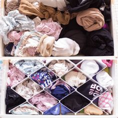 two bins filled with clothes sitting on top of a floor next to each other