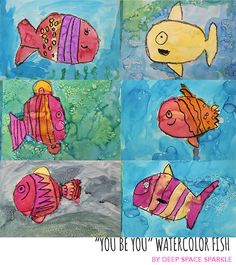 four colorful fish painted on watercolor paper with the words, you be you's watercolor fish by deep space sparkle