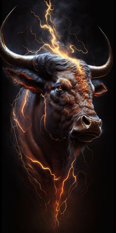 a bull with long horns and lightning in its mouth is seen against a black background