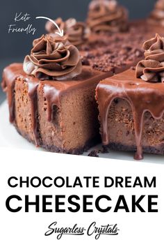 chocolate dream cheesecake on a white plate with the title text above it reads, chocolate dream cheesecake