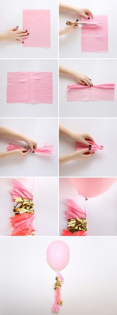 step by step instructions on how to make tissue paper tassels with balloons and streamers