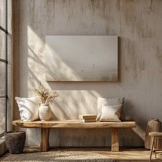 a wooden bench sitting in front of a window next to pillows and potted plants