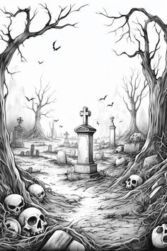 a drawing of a graveyard with skulls and tombstones in the ground next to trees