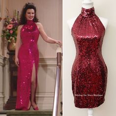 a woman in a red sequin dress next to a mannequin wearing a pink gown