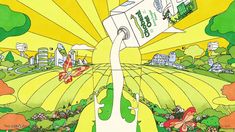 a cartoon drawing of a milk carton in the middle of a field with trees and buildings behind it