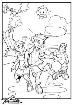 three kids playing soccer in the park coloring page for children to print and color on