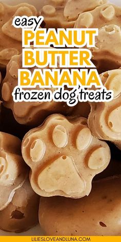 Paw shaped frozen dog treats with a text overlay that reads easy peanut butter banana frozen dog treats. Dog Treats With Peanut Butter, Dog Treats Homemade Peanut Butter, Treats With Peanut Butter, Ice Cream For Dogs, Frozen Banana Treats, Summer Dog Treats, Frozen Dog Treats Recipes, Dog Ice Cream Recipe