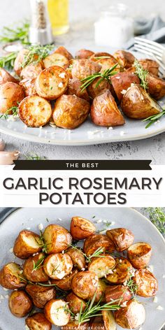 the best garlic rosemary potatoes recipe is made with fresh herbs and served on a white plate