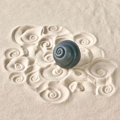 a blue shell is in the sand with spirals on it's side,