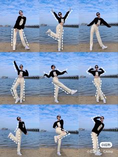 a man in white pants and black jacket doing various poses on the beach with his arms outstretched