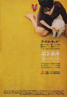 a woman sitting on the ground petting a small white dog in front of a yellow background