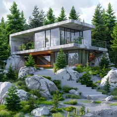 a modern house surrounded by trees and rocks on a hillside with stairs leading up to the upper level