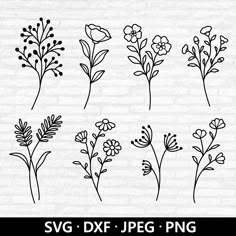 the svg dxf flower set is shown in black and white, with different flowers