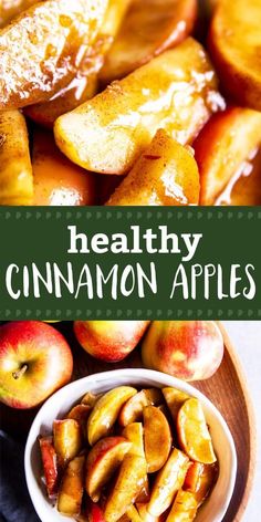 healthy cinnamon apples in a bowl and on a plate with the words healthy cinnamon apples