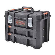 a black tool box with orange handles and two compartments on the front, sitting against a white background