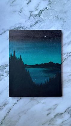 an acrylic painting of the night sky over a lake with trees on it