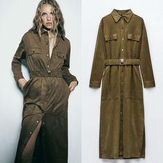 Faux Suede Olive Green Snap Button Shirt Dress Longline Maxi Duster With Removable Belt And Side Pockets From Zara. New With Tags. Size Small, Loose Fit, Armpit To Armpit ~20”, Shoulder To Hem Length ~50”. B18 Khaki Midi-length Dress For Fall, Khaki Midi Length Dress For Fall, Khaki Shirt Dress For Fall, Fall Button-up Belted Midi Dress, Belted Button-up Winter Dresses, Khaki Dresses With Buttons For Fall, Fall Collared Shirt Dress With Buttoned Pockets, Winter Belted Button-up Dresses, Winter Button-up Workwear Dresses