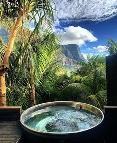 an outdoor jacuzzi tub in the middle of palm trees and blue sky with clouds