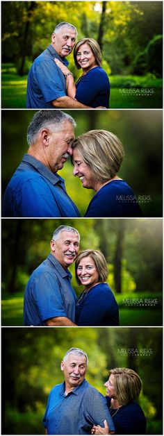 an older couple cuddles in the woods for their engagement photo shoot at sunset