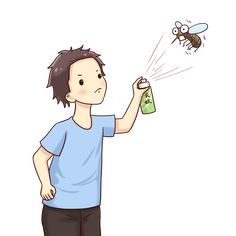 a man holding a spray bottle in his hand while spraying it with a fly insect