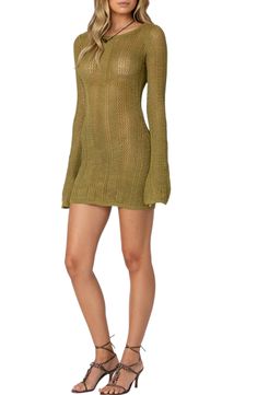 Go from pool to party (or vice versa) with minimal effort and maximum elegance wearing this crochet-look minidress designed with a spine-framing back cutout. Ties at back Ballet neck Long sleeves Semisheer 45% cotton, 45% polyester, 10% elastane Machine wash, dry flat Imported Fitted Open Knit Mini Dress For Beach, Open Knit Mini Dress, Summer Crochet Mini Dress For Night Out, Beachwear Bodycon Mini Dress, Spring Beachwear Stretch Crochet Dress, Stretch Crochet Beachwear Dress For Spring, Spring Beachwear Crochet Dress With Stretch, Fitted Crochet Beach Dress For Spring, Fitted Crochet Dress For Spring Beachwear