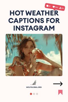 Promotional image suggesting hot weather Instagram captions, featuring a woman holding a drink.
An infographic with a list of summer-themed phrases and a call-to-action button.
A smiling woman with a laptop is featured in an advertisement for an Instagram engagement pod. Hot Day Captions Instagram, Summer Heat Captions, Hot Weather Captions, Hot Weather Quotes, Weather Captions For Instagram, Ig Captions Summer, Beat The Heat Quotes, Weather Captions, Heat Quotes