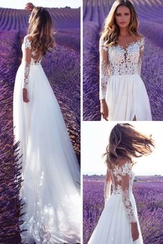 a woman in a white wedding dress standing next to a lavender field