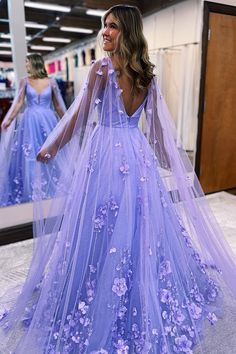 Lavender 3D Floral Lace A-Line Prom Dress with Cape Sleeves | KissProm Formal Dress With Cape, Sparkly Prom Dresses Long, Prom Dresses Lavender, Tulle Formal Dress, Gown With Cape, Lavender Prom Dresses, Flower Prom Dress, Prom Dress With Train, Dress With Cape