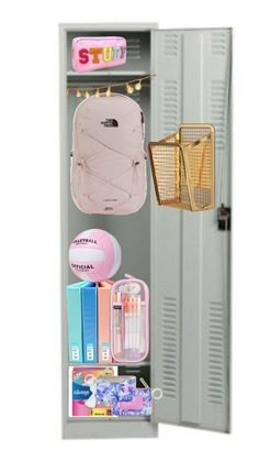 the locker is filled with school supplies and items