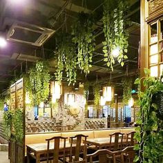 an indoor restaurant with tables and chairs covered in hanging greenery at the bar area