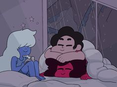 two cartoon characters sitting in bed with one holding the other's arm around his neck