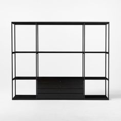 a black shelf with drawers and shelves on it