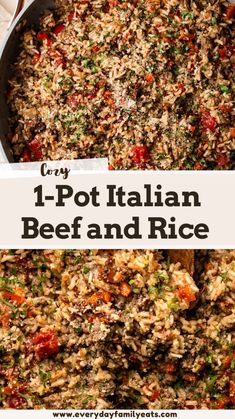 one pot italian beef and rice in a skillet with text overlay that reads easy 1 - pot italian beef and rice