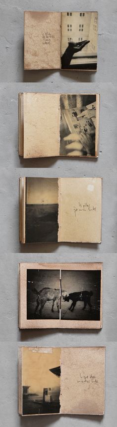 four old photos in wooden boxes with writing on the bottom one is black and white