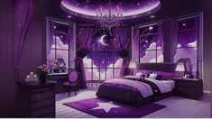 a bedroom decorated in purple and white with stars on the ceiling, windows, and a chandelier