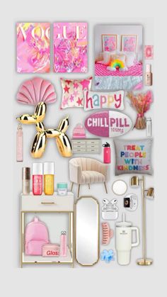 a collection of pink and gold items with the words happy chill pill written on them