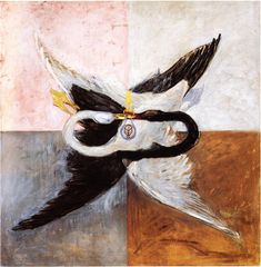 a painting with black and white birds on it