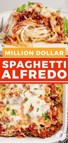 a plate with spaghetti and sauce on it that says million dollar spaghetti alfredo in the middle