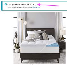 a bed with pillows and blankets on it is shown in an ad for the mattress company