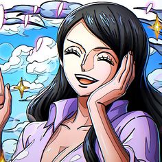 a woman with long black hair holding her hand up to her face and looking at the sky