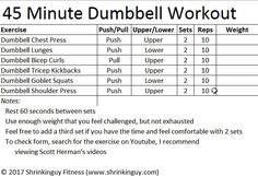 a table with numbers and instructions for dumbbell workouts